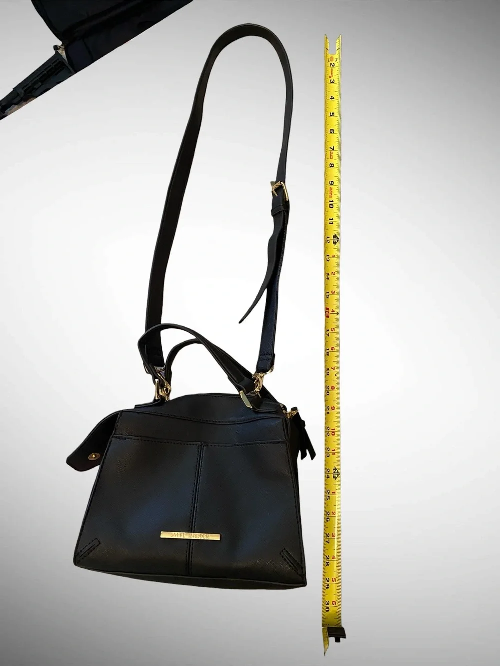 Steve Madden Black Leather Top-Handle Crossbody Bag with Gold Accents - Picture 12 of 15